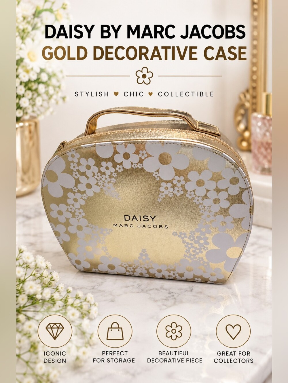 Marc Jacobs Gold and White Floral Daisy Cosmetic Case